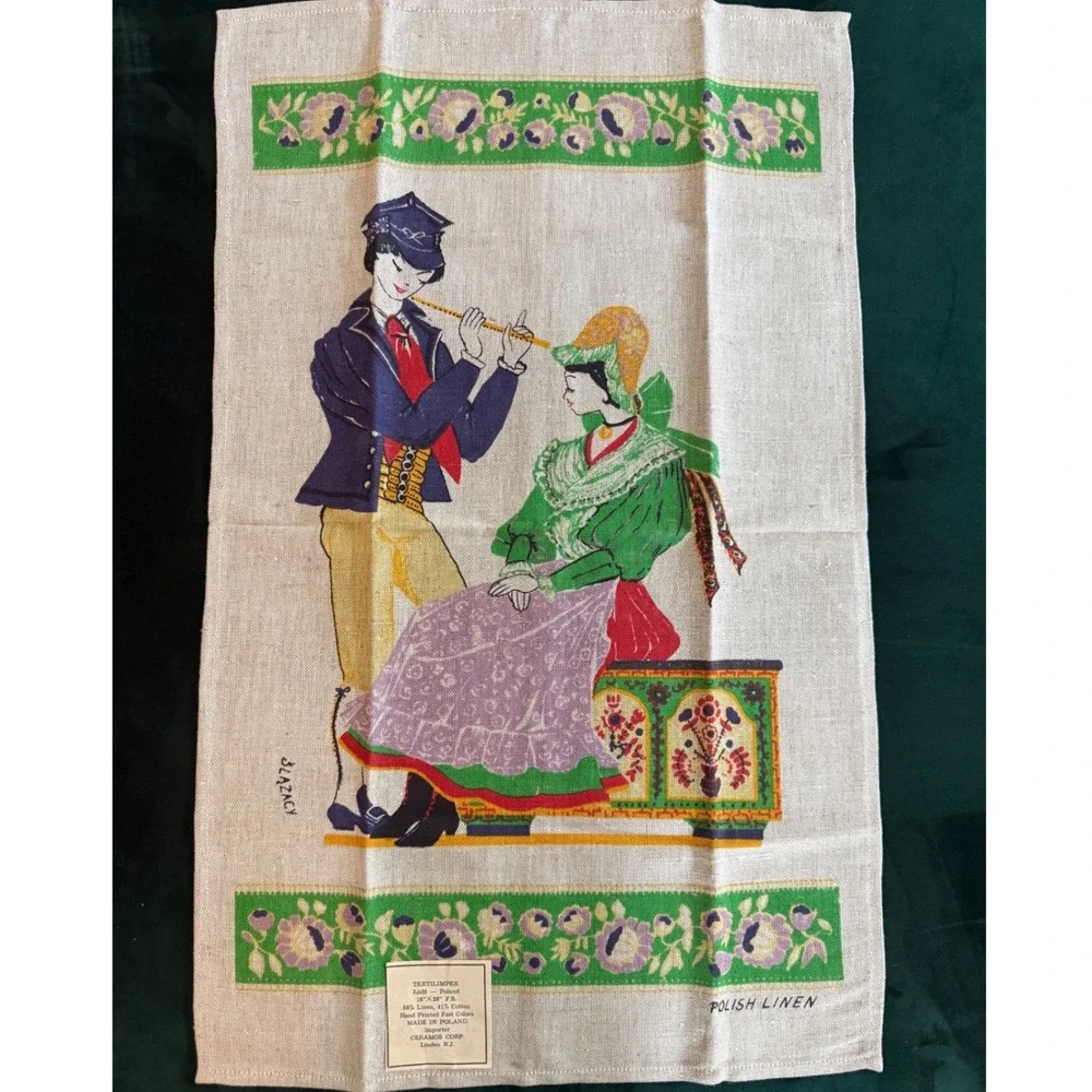 Vintage Textilimpex Polish Linen Tea Towel Slazacy Folk Art Hand Printed 16x28